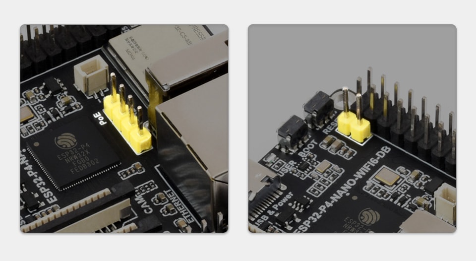 Złącze zasilania i modułu PoE na płytce ESP32-P4-NANO-WIFI6-DB