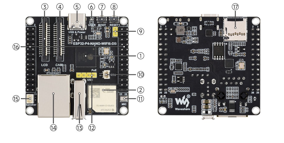Płytka ESP32-P4-NANO-WIFI6-DB z podłączonym opcjonalnym modułem PoE