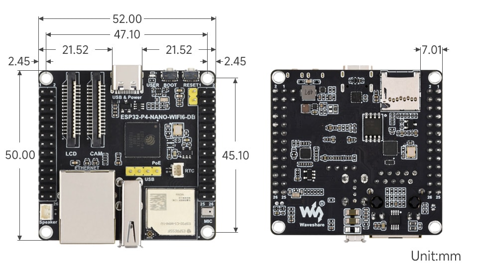 Wymiary zewnętrzne płytki ESP32-P4-NANO-WIFI6-DB