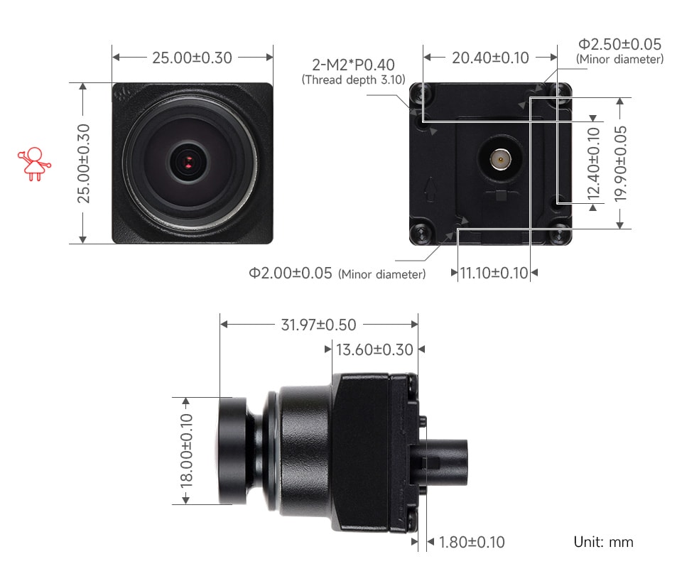 Rysunek wymiarowy modułu kamery GMSL-2MP-Camera-B