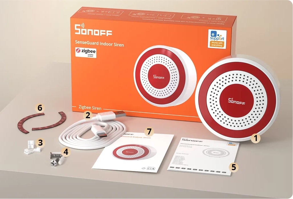 Zawartość zestawu — syrena SONOFF SenseGuard SNZB-09P
