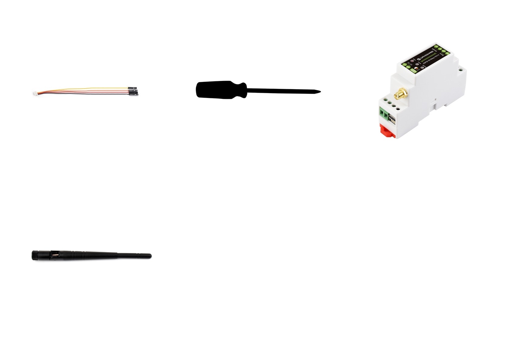 Zawartość zestawu Waveshare ESP32-S3-Relay-1CH-U z anteną zewnętrzną SMA przewodem SH1.0 i śrubokrętem