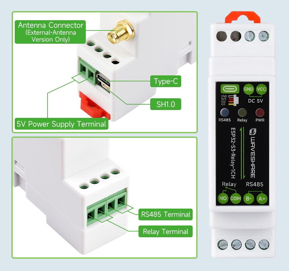 Waveshare ESP32-S3-Relay-1CH-U przemysłowy moduł przekaźnika WiFi RS485 z zewnętrzną anteną SMA