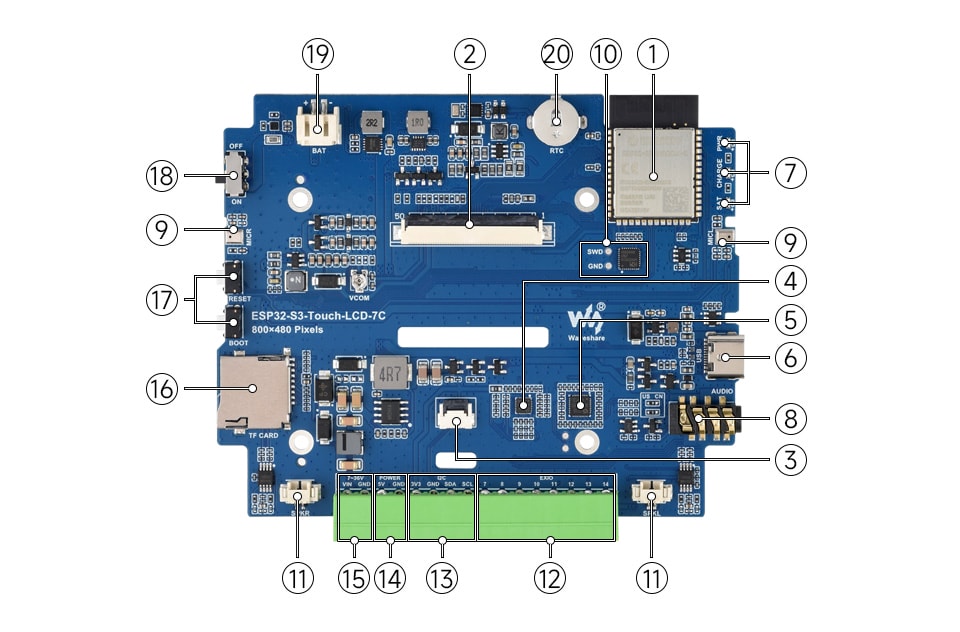 Rozmieszczenie elementów i złączy na płycie ESP32-S3-Touch-LCD-7C-BOX
