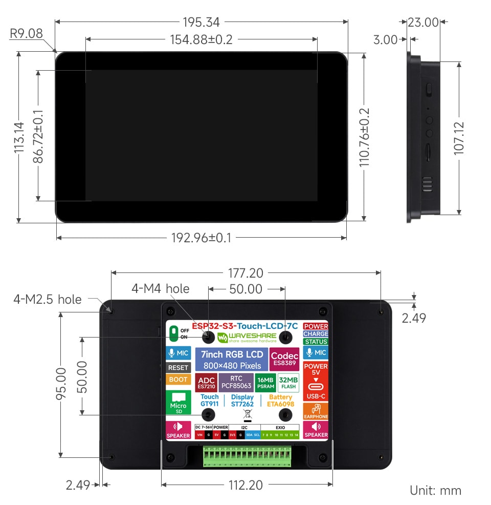 Wymiary obudowy modułu deweloperskiego ESP32-S3-Touch-LCD-7C-BOX