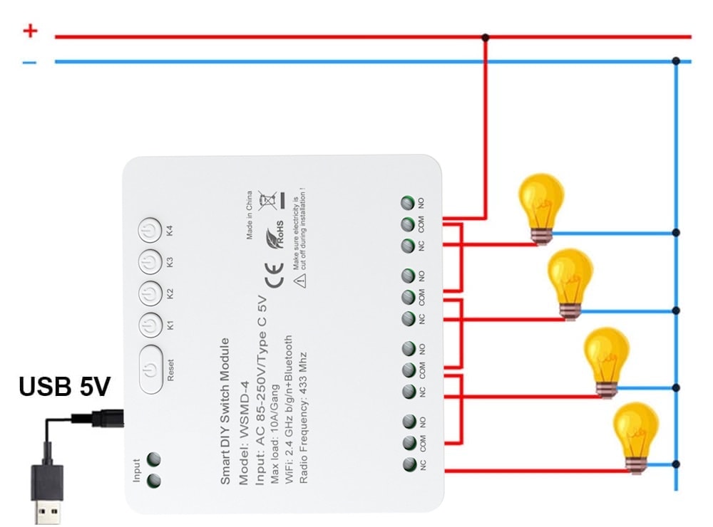 Schemat podłączenia AVATTO WSMD-4 250V z oddzielnym zasilaniem USB-C i obciążenia